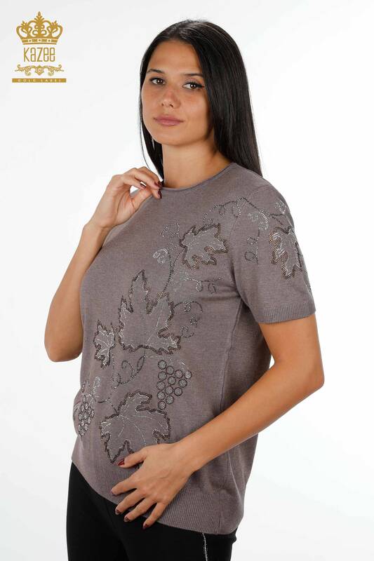 Venta al por mayor de prendas de punto para mujer con estampado de hojas modelo americano bordado con piedra - 15862 | kazee