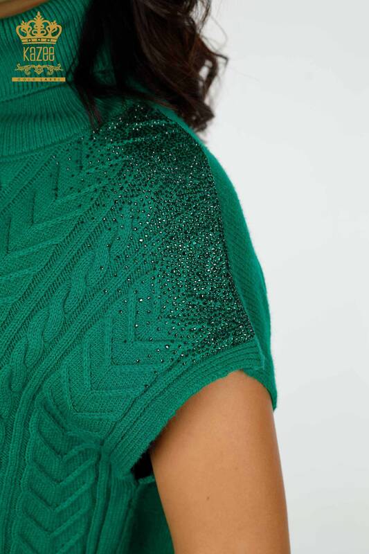 Venta al por mayor de prendas de punto para mujer con bordado de piedra de cristal en el hombro verde - 30097 | kazee