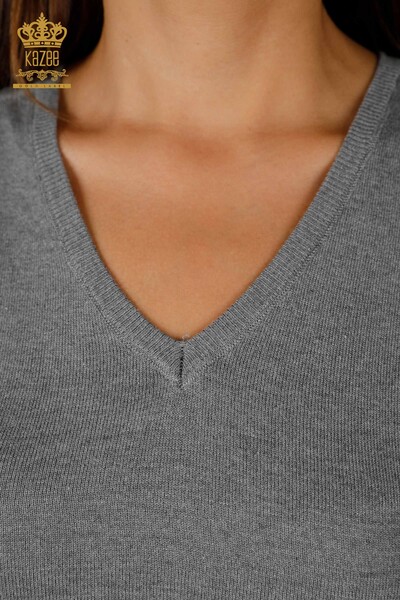 Venta al por mayor de prendas de punto de manga larga básica con cuello en V para mujer - 14339 | kazee - Thumbnail