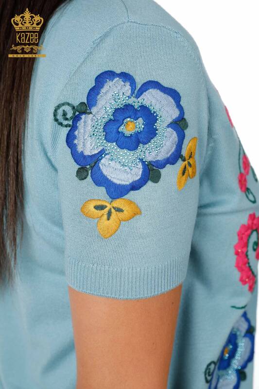 Venta al por mayor de prendas de punto de manga corta con bordado floral detallado para mujer con piedra - 16752 | kazee