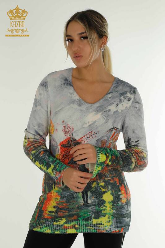 Venta al por mayor Suéter de Punto de Angora para Mujer con Bordado de Piedra Digital - 40016 | KAZEE