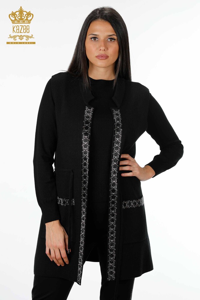 Venta al por mayor Chaleco de punto para mujer con bolsillo largo bordado con piedra detallada - 16805 | kazee - 7