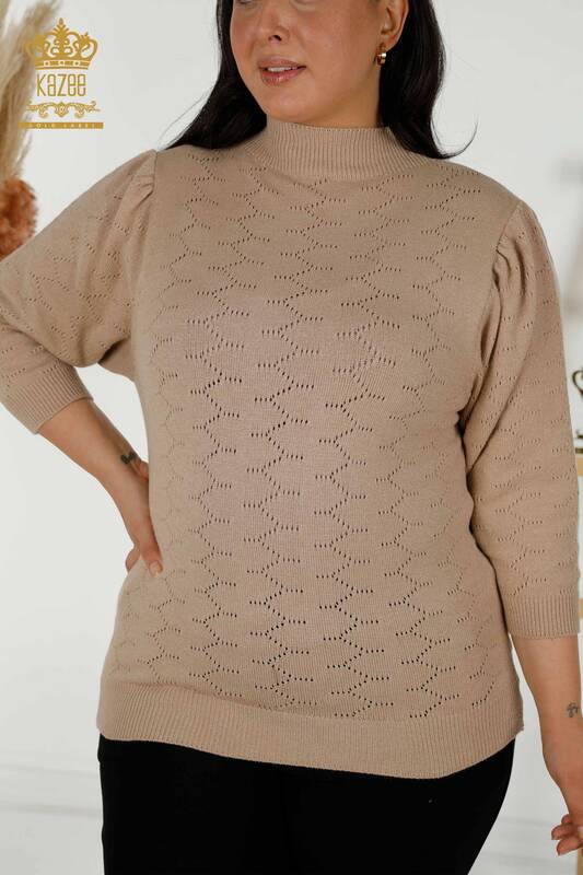 Venta al por mayor de suéter de punto para mujer con agujero detallado Beige - 30341 | kazee