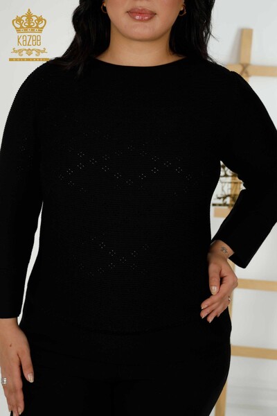 Venta al por mayor de suéter de punto para mujer con agujeros detallados en negro - 30083 | kazee - Thumbnail