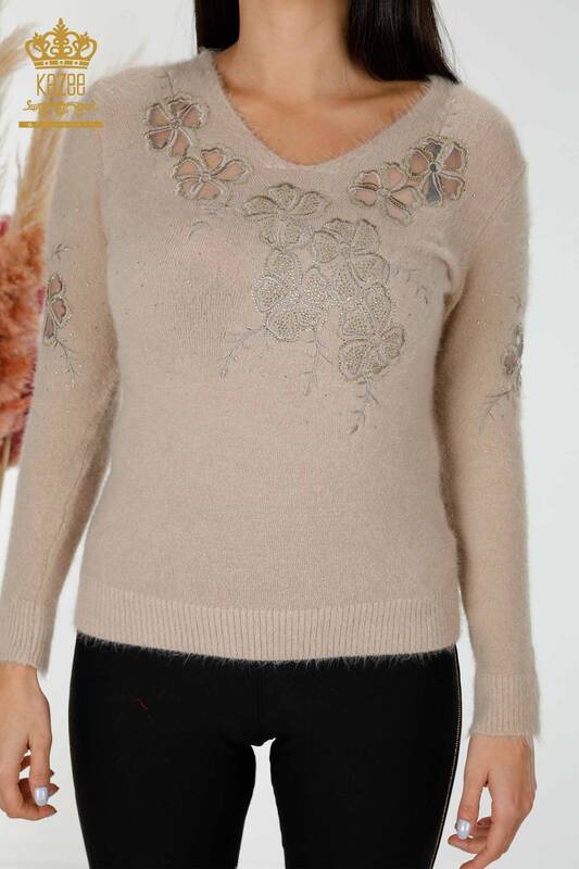 Venta al por mayor Suéter de Punto de Mujer Tul Angora Detallado Beige - 18918 | kazee