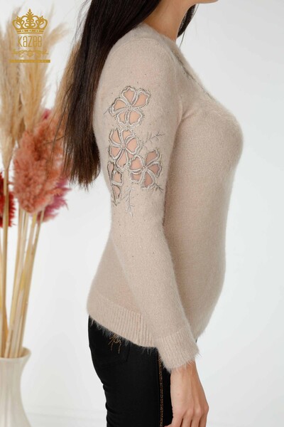 Venta al por mayor Suéter de Punto de Mujer Tul Angora Detallado Beige - 18918 | kazee - Thumbnail