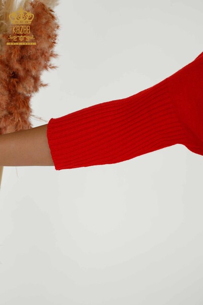 Venta al por mayor Suéter de punto para mujer - Básico - Con bolsillo - Rojo - 30237 | kazee - Thumbnail