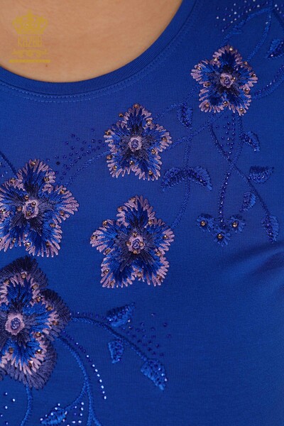 Venta al por mayor Suéter de punto para mujer con cuello redondo y estampado de flores con bordados de piedra - 79017 | kazee - Thumbnail