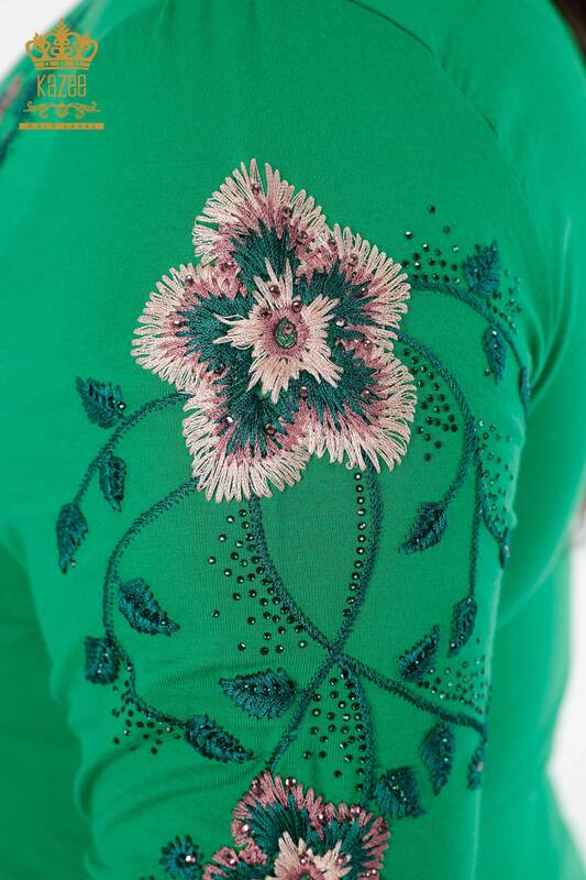 Venta al por mayor Suéter de punto para mujer con cuello redondo y estampado de flores con bordados de piedra - 79017 | kazee
