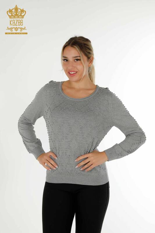 Venta al por mayor de suéter de punto para mujer con cuello redondo gris - 16740 | kazee