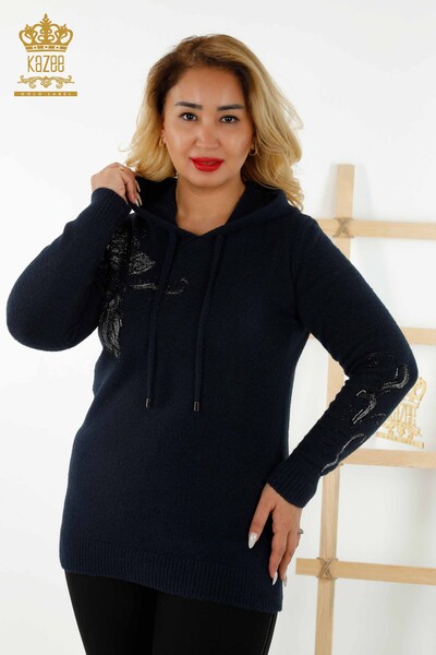 Venta al por mayor Suéter de Mujer - Con Capucha - Estampado - Azul Marino - 40005 | kazee - Thumbnail