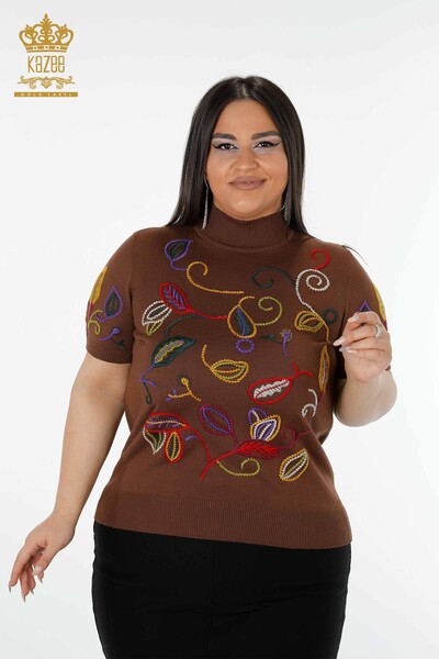 Venta al por mayor Suéter de punto para mujer con estampado colorido marrón - 15844 | kazee - Thumbnail