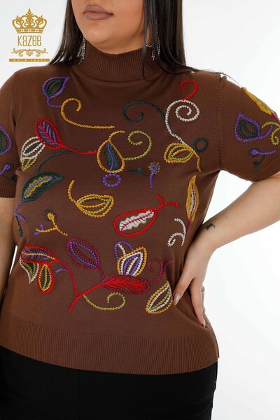 Venta al por mayor Suéter de punto para mujer con estampado colorido marrón - 15844 | kazee - Thumbnail
