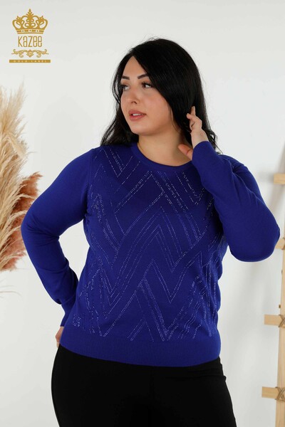 Venta al por mayor Suéter de mujer - Cristal Piedra bordada - Azul oscuro - 16725 | kazee - Thumbnail