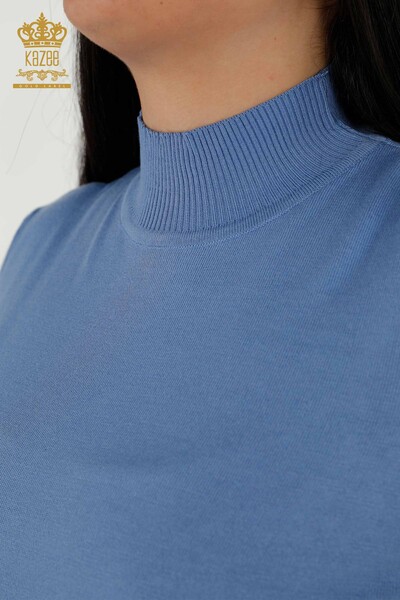 Venta al por mayor Suéter de punto para mujer - Cuello alto - Viscosa - Azul - 16168 | kazee - 3