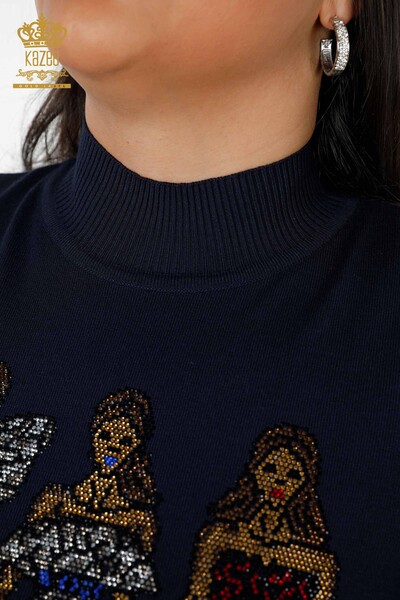 Venta al por mayor Suéter de Punto para Mujer Estampado Azul Marino - 16911 | kazee - Thumbnail