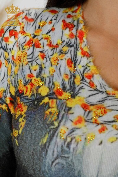 Venta al por mayor Suéter de punto para mujer Angora con estampado digital Amarillo - 18974 | kazee - Thumbnail