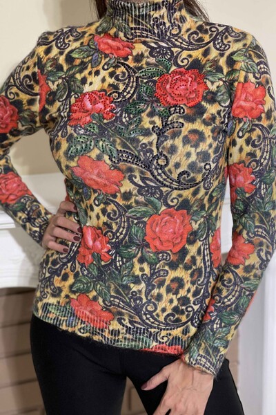 Venta al por mayor de prendas de punto de mujer con estampado digital de flores de angora bordadas - 18765 | kazee - Thumbnail