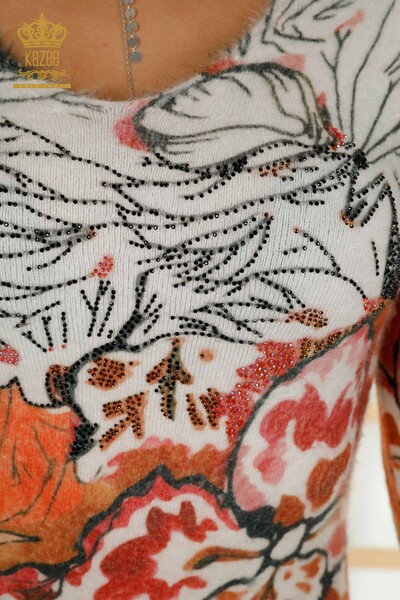 Venta al por mayor Suéter de punto para mujer con estampado digital Angora Orange - 18975 | kazee - Thumbnail