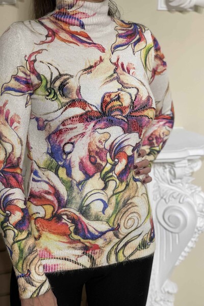 Venta al por mayor Suéter de punto para mujer con estampado digital de piedra de angora bordada - 18803 | kazee - Thumbnail