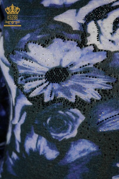 Venta al por mayor Suéter de punto para mujer con estampado digital azul marino - 18968 | kazee - Thumbnail