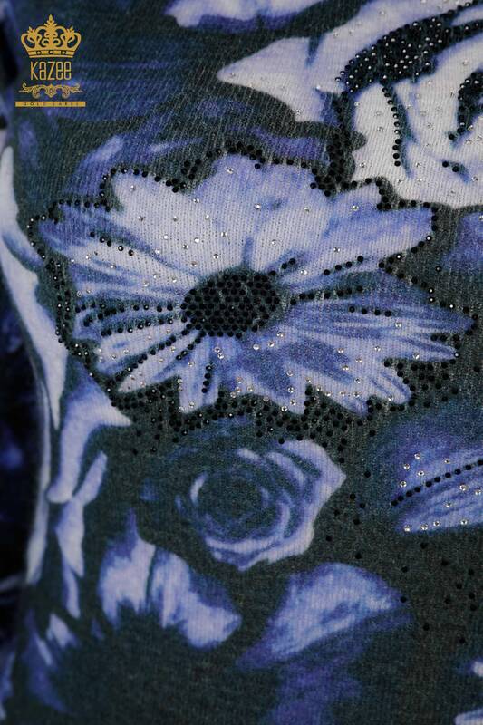 Venta al por mayor Suéter de punto para mujer con estampado digital azul marino - 18968 | kazee