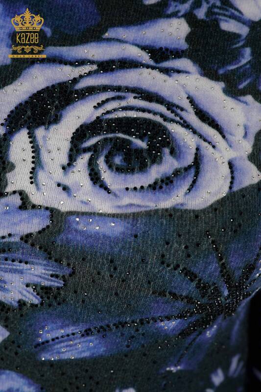 Venta al por mayor Suéter de punto para mujer con estampado digital azul marino - 18968 | kazee