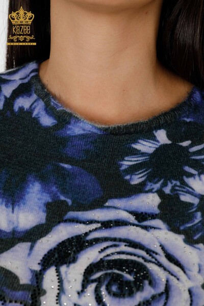 Venta al por mayor Suéter de punto para mujer con estampado digital azul marino - 18968 | kazee - Thumbnail