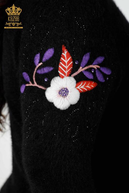 Venta al por mayor Suéter de punto con patrón floral para mujer Angora Negro - 18919 | kazee