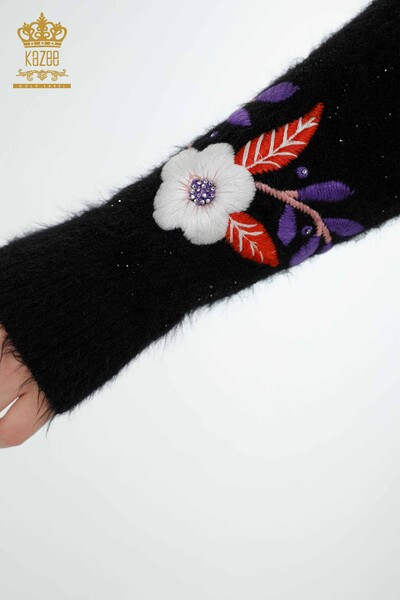 Venta al por mayor Suéter de punto con patrón floral para mujer Angora Negro - 18919 | kazee - Thumbnail