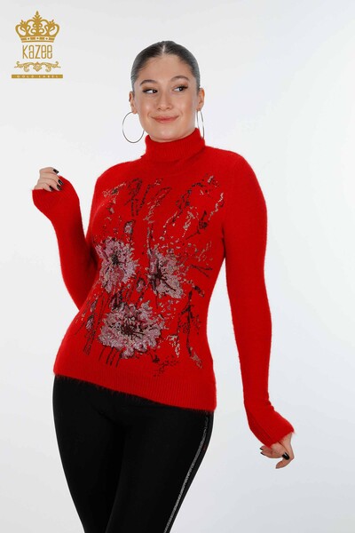 Venta al por mayor de prendas de punto para mujer, suéter con estampado de flores, piedra bordada, angora - 18906 | kazee - Thumbnail