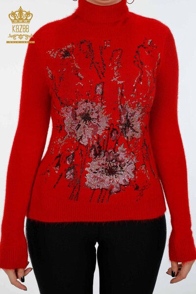 Venta al por mayor de prendas de punto para mujer, suéter con estampado de flores, piedra bordada, angora - 18906 | kazee - Thumbnail