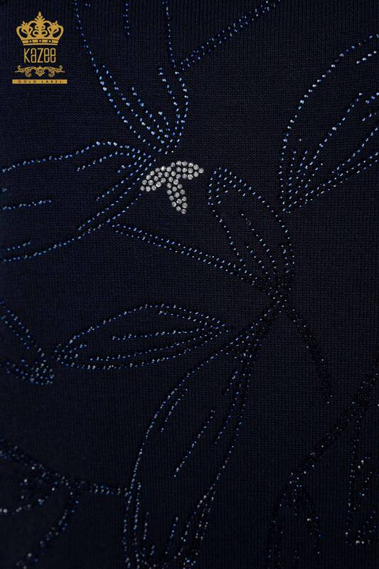 Venta al por mayor Suéter de punto para mujer - Estampado de hojas - Azul marino - 30240 | kazee