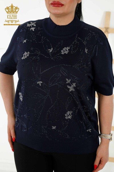 Venta al por mayor Suéter de punto para mujer - Estampado de hojas - Azul marino - 30240 | kazee - 2