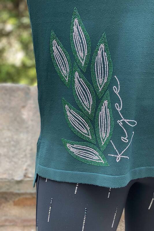 Venta al por mayor Suéter de punto para mujer con estampado de hojas de piedra bordada - 16470 | kazee