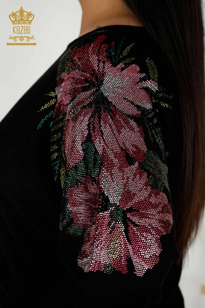 Venta al por mayor Suéter de punto para mujer Detalle floral en el hombro Negro - 16133 | kazee - Thumbnail
