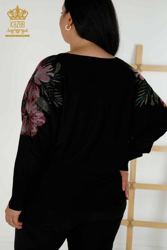 Venta al por mayor Suéter de punto para mujer Detalle floral en el hombro Negro - 16133 | kazee