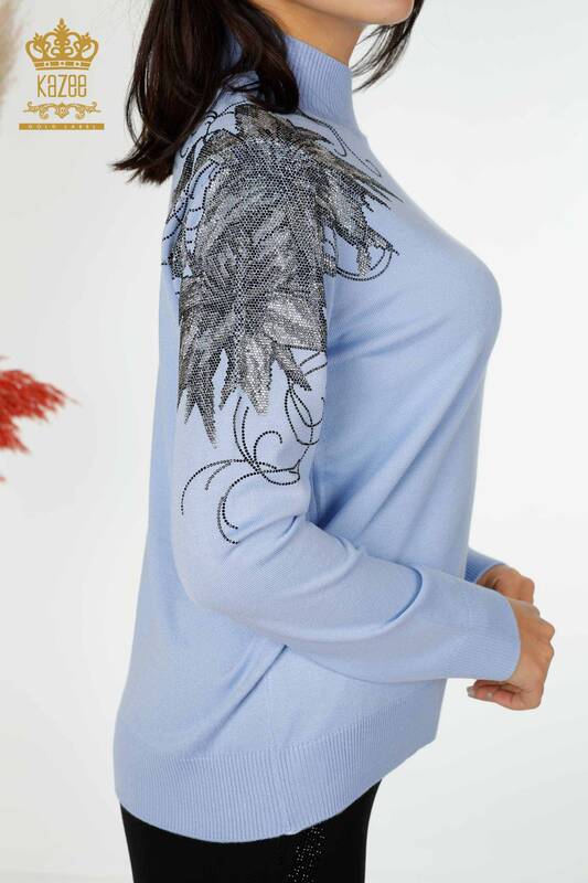 Venta al por mayor Suéter de punto para mujer Hombro floral detallado azul - 16597 | kazee