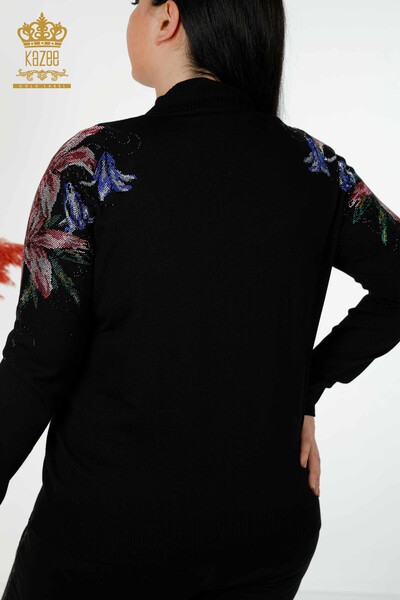 Venta al por mayor Suéter de punto para mujer Detalle floral en el hombro Negro - 30007 | kazee - Thumbnail