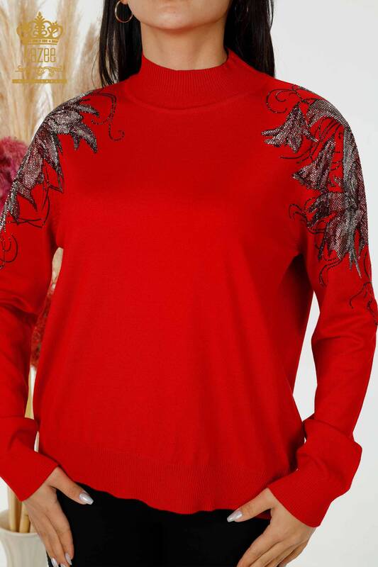 Venta al por mayor de prendas de punto para mujer, suéter, hombro, flor, detallado, rojo - 16597 | kazee