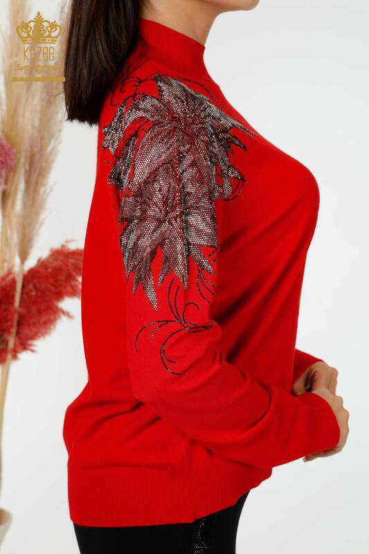 Venta al por mayor de prendas de punto para mujer, suéter, hombro, flor, detallado, rojo - 16597 | kazee