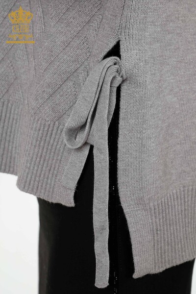 Venta al por mayor Suéter de punto para mujer con lazo lateral estampado gris - 30000 | kazee - Thumbnail