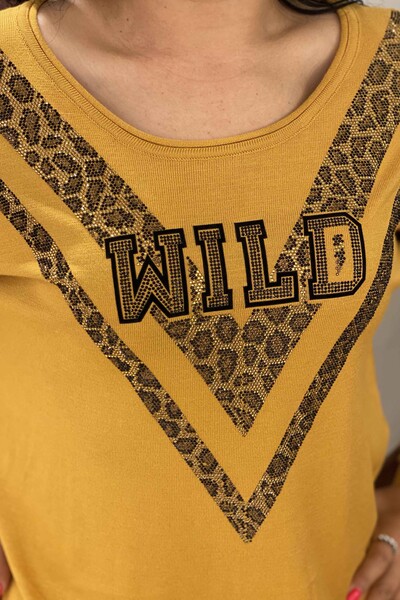 Venta al por mayor Suéter de punto para mujer con estampado de leopardo y piedra bordada - 16478 | kazee - Thumbnail