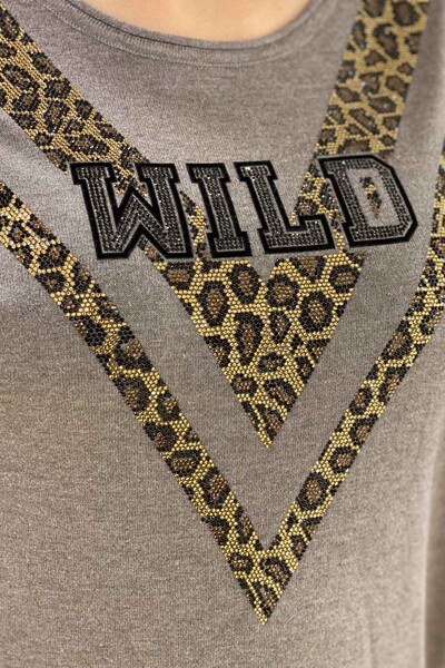 Venta al por mayor Suéter de punto para mujer con estampado de leopardo y piedra bordada - 16478 | kazee - Thumbnail