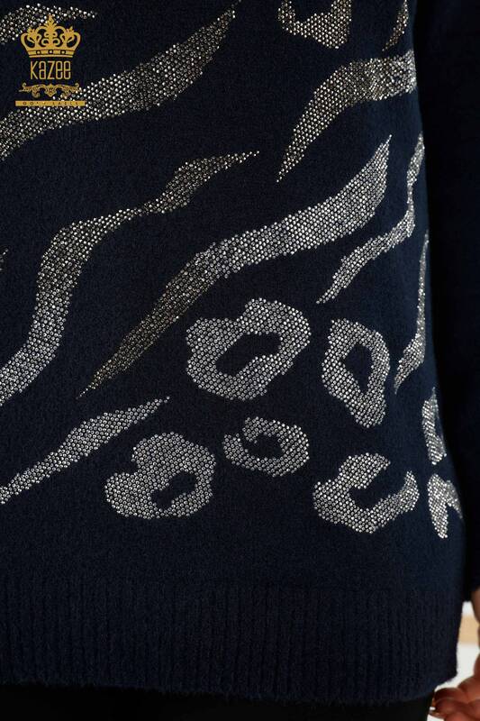 Venta al por mayor Suéter de Mujer - Leopardo Bordado Piedra - Azul Marino - 40004 | kazee
