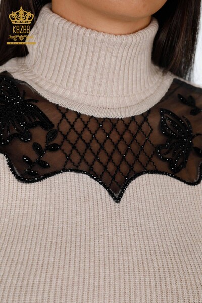 Venta al por mayor de prendas de punto para mujer, suéter, manga, tul, piedra detallada, manga corta - 19086 | kazee - Thumbnail
