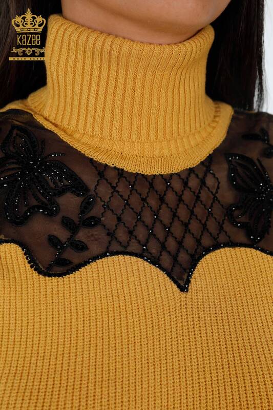 Venta al por mayor de prendas de punto para mujer, suéter, manga, tul, piedra detallada, manga corta - 19086 | kazee