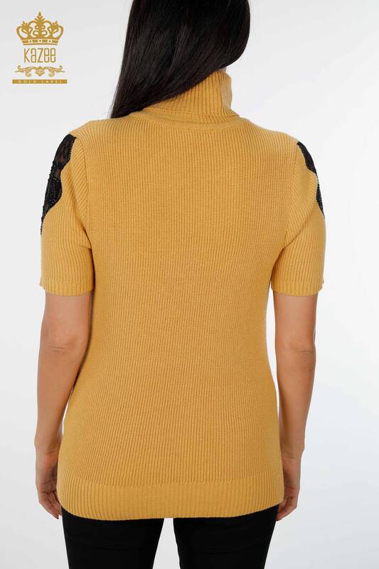 Venta al por mayor de prendas de punto para mujer, suéter, manga, tul, piedra detallada, manga corta - 19086 | kazee