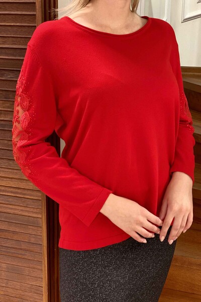 Venta al por mayor de prendas de punto para mujer con mangas de tul y tallas grandes detalladas - 16082 | kazee - Thumbnail