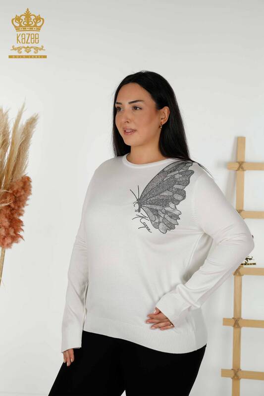 Venta al por mayor Suéter de Punto para Mujer con Estampado de Mariposa Crudo - 16958 | kazee